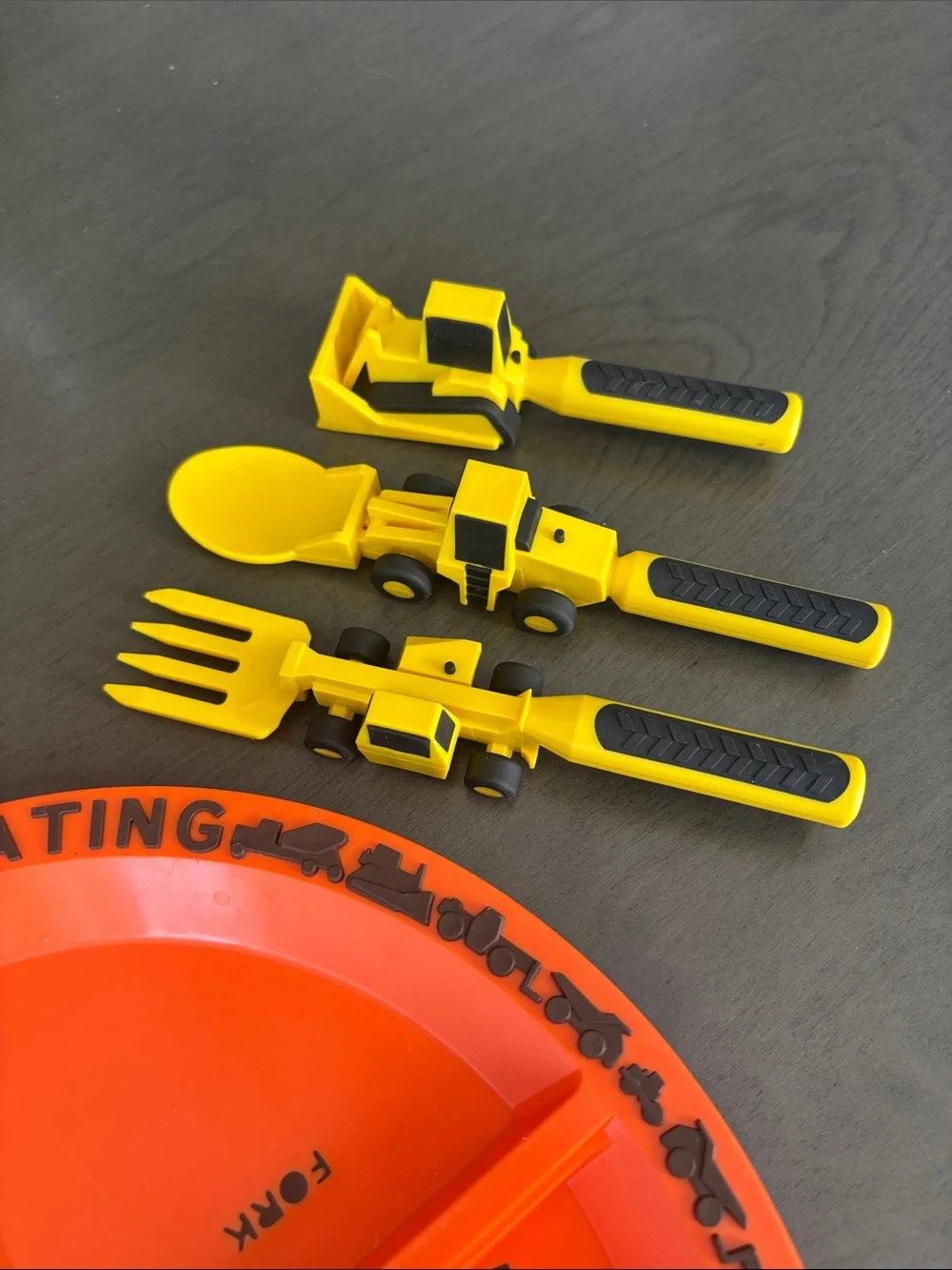 Constructive Eating Orange Divided Plate with Yellow Utensils